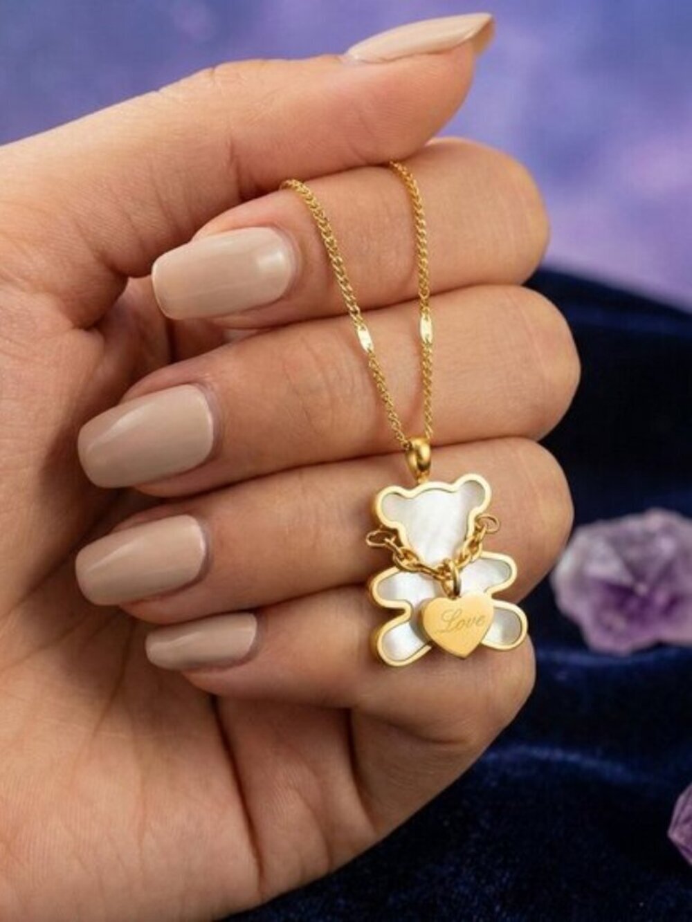 18K Gold Plated SS Shell Teddy Bear Necklace Love Heart Coquette Balletcore 16in - Picture 12 of 17